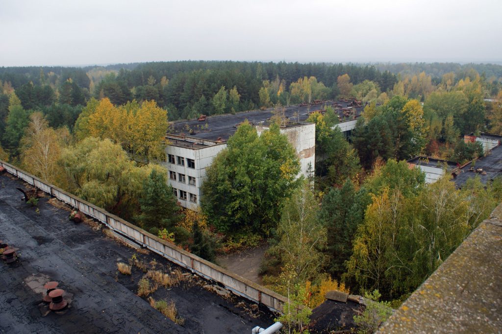 Widok z dachu budynku administracyjnego na pozostałe budynki kompleksu / Fot. Tomasz Róg