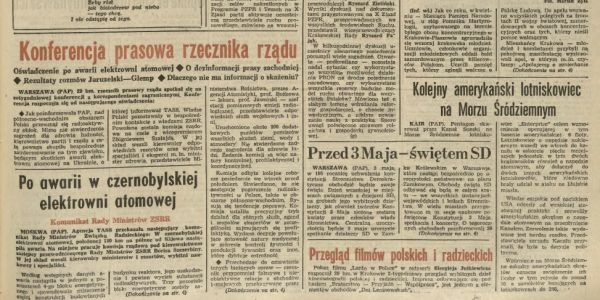 Fragment strony głównej "Dziennika Polskiego" - numer 100, 30 kwietnia-1 maja 1986 r. / Fot. Dziennik Polski